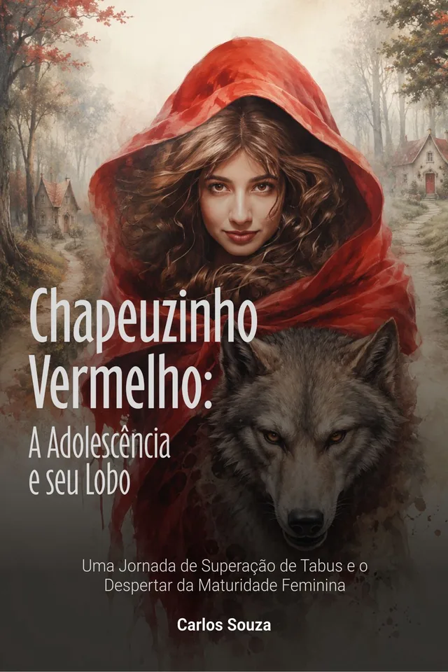 Capa escura com uma jovem de capuz vermelho e um lobo na floresta.