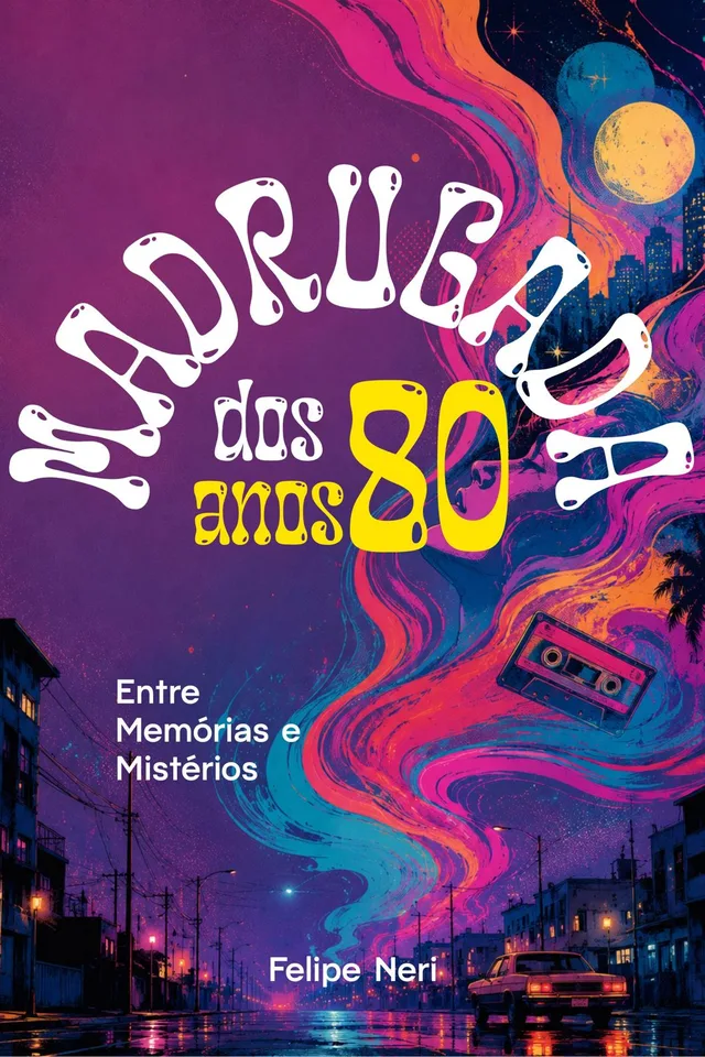 Capa em roxo e rosa neon com uma rua noturna e uma fita cassete.