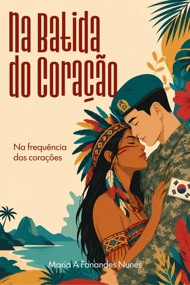 Capa ilustrada em cores tropicais com um casal abraçado entre folhagens.