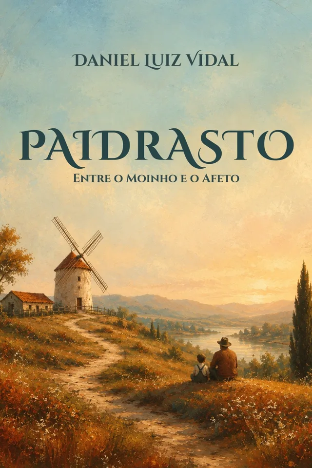 Capa em tons de fim de tarde com um moinho, um campo aberto e duas figuras sentadas.