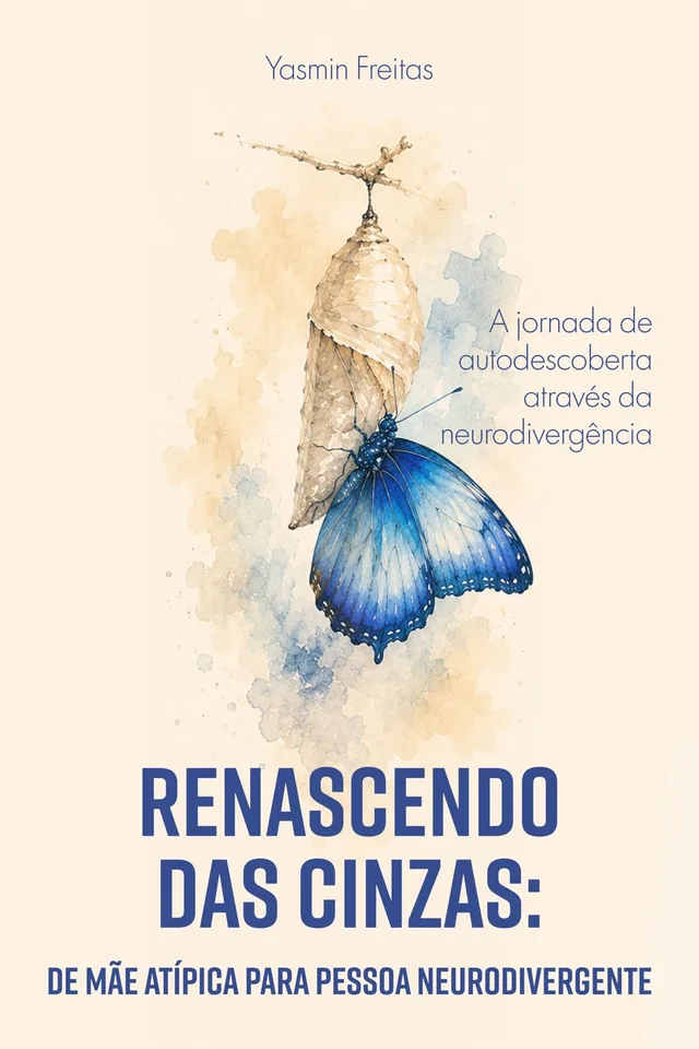 Capa clara com um casulo aberto e uma borboleta azul em aquarela.